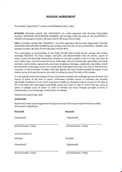 release agreement template form template