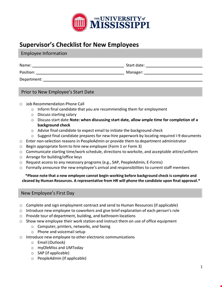 supervisor's new employee checklist template template