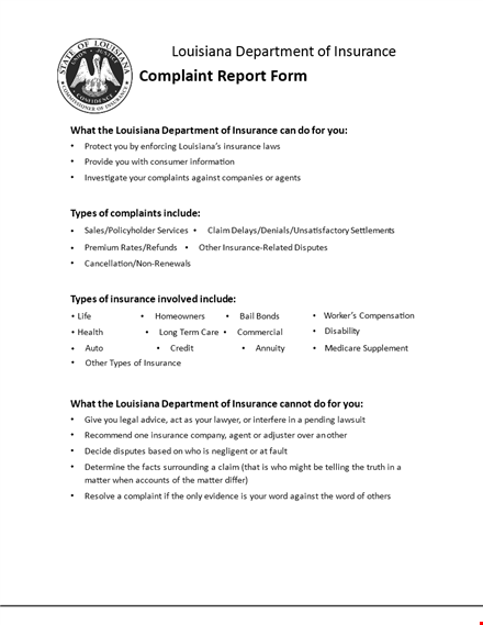 complaint response form letter - company's insurance department | louisiana complaints template