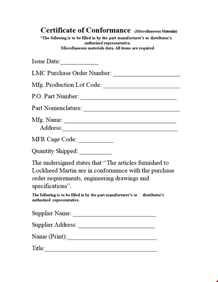 certificate of conformance | materials | miscellaneous | conformity template