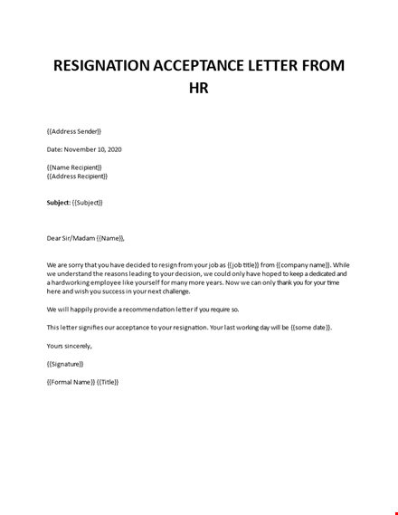 resignation acceptance letter from hr template
