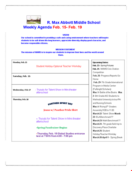march grade school weekly agenda template