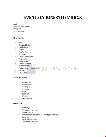 event box items checklist template