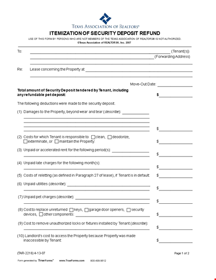 return of security deposit and reimbursement of tenant's costs - security deposit return letter template