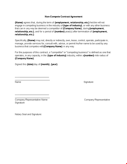 non compete agreement template for company, business, industry & relationship template