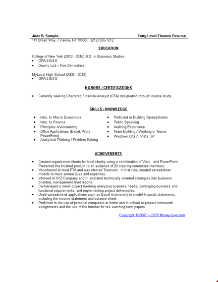 entry level finance resume template template