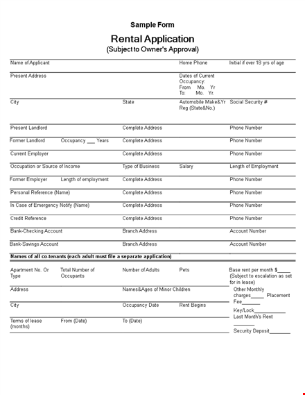 rent application template template