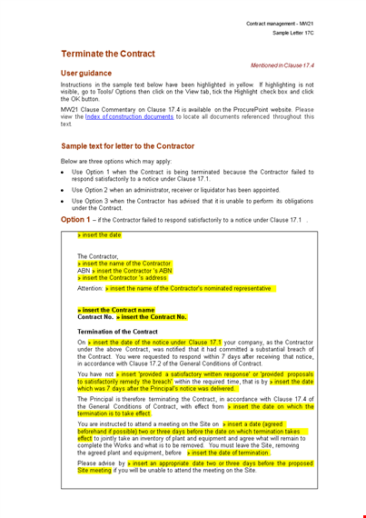 editable blank termination letter to the contractor word doc template