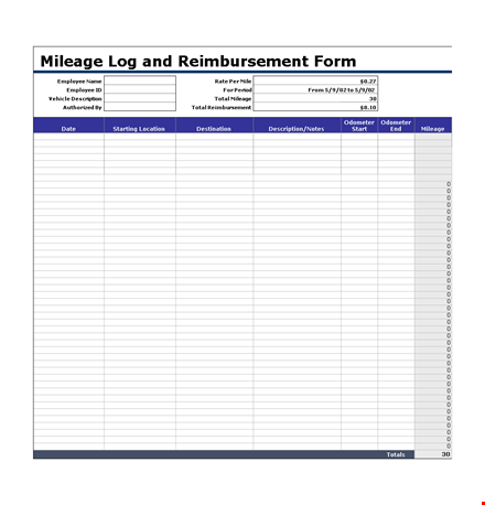employee mileage log - keep track of total miles and reimbursement with description template
