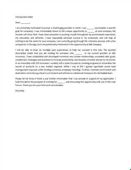company | letter of introduction for position opportunity template