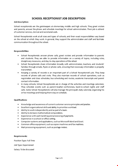 school receptionist job description template