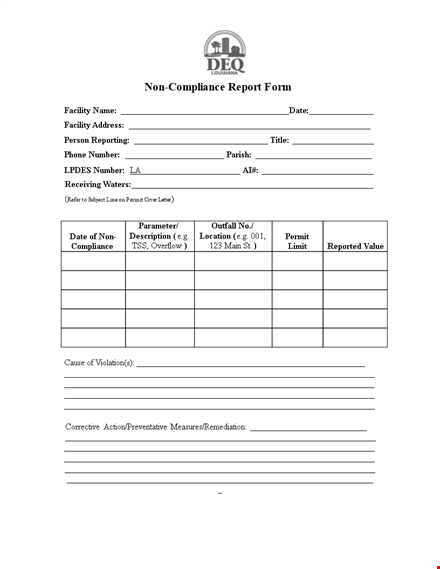 non compliance report template - ensure compliance and document facility permit issues template