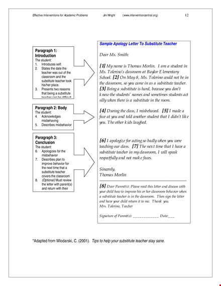 apology letter to teacher: formal apology for behavior in classroom with substitute (60 characters) template