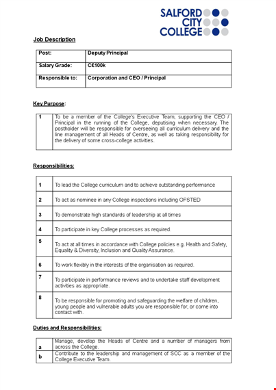 deputy principal job description template
