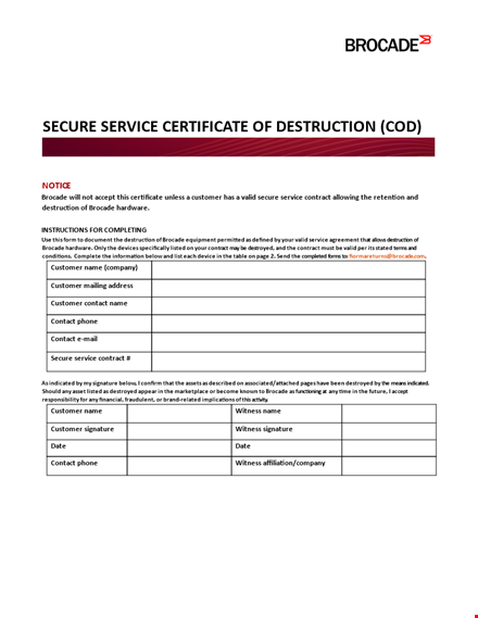 service certificate of destruction template template