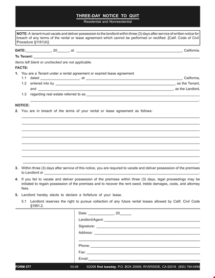 residential notice to quit template - landlord, possession, rental, tenant template