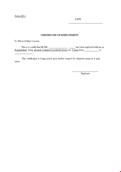 employment certificate template for formal certification of employment template