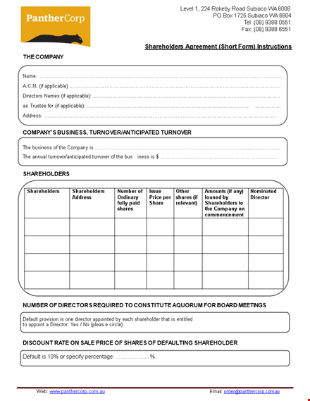 shareholder agreement for business in subiaco - address & shareholders template