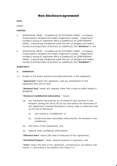confidentiality agreement template | non-disclosure clause for parties & information template