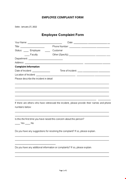 employee complaint form template template
