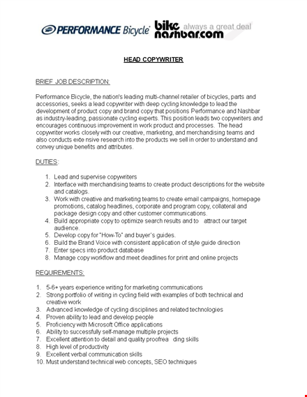 head copywriter job | boost performance | cycling products template