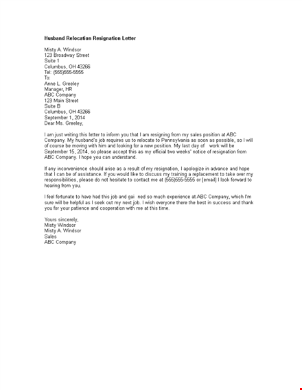 husband relocation resignation letter template