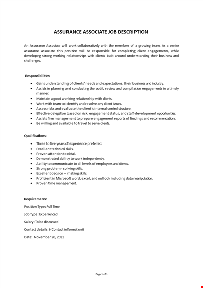 risk assurance job description template