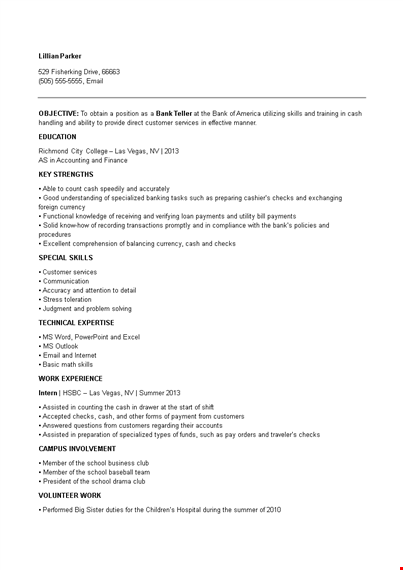 experienced retail banking teller resume: school, skills, checks template