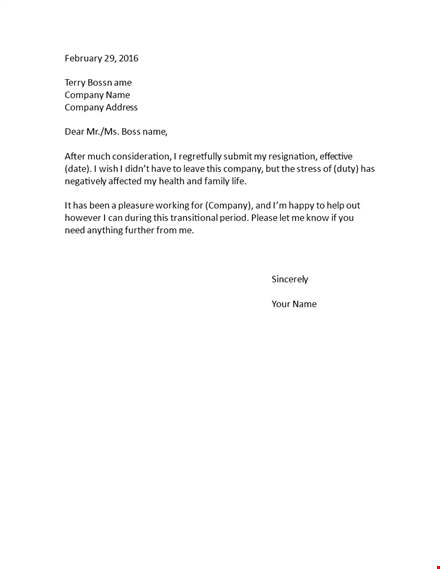 resignation letter template due to stress template