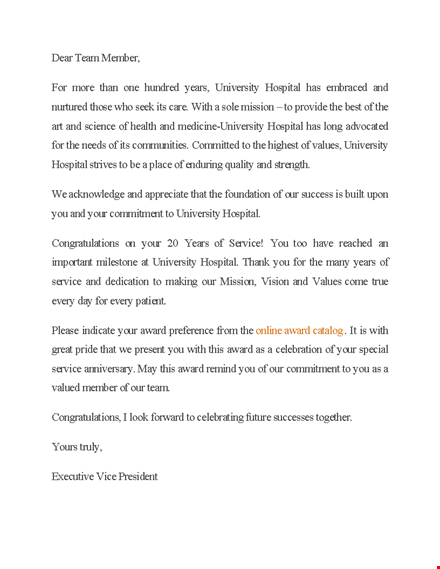 years of service award - university and hospital recognition letter template