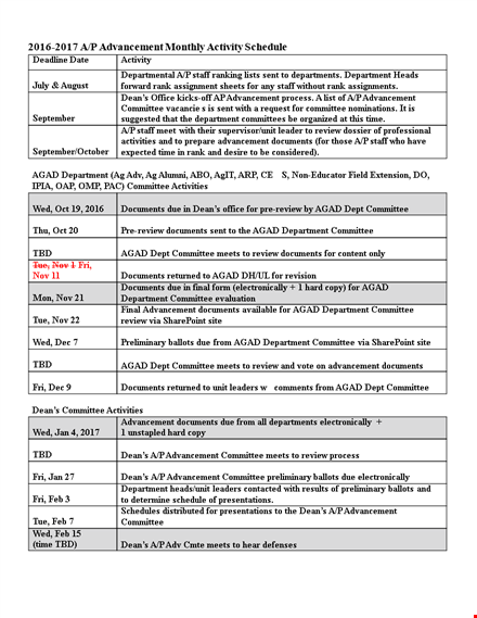 monthly activity schedule template for documents, department, committee, and advancement template