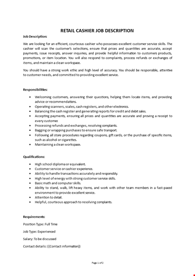 retail cashier job description template