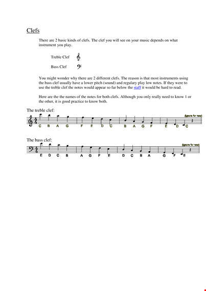 piano clef notes chart - learn about notes and quarter notes template