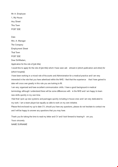 medical work application letter template