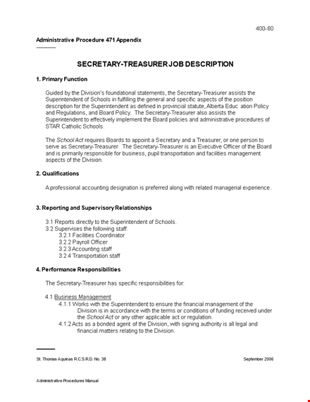 secretary treasurer job description template