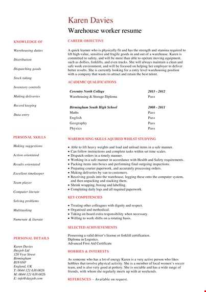 warehouse resume example - entry level | dayjob template