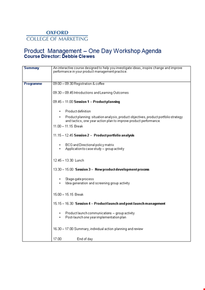 one day workshop agenda - management, product planning, session, launch template