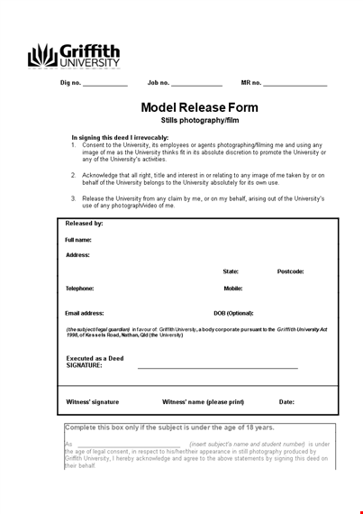 film model release form template for university on behalf of griffith template