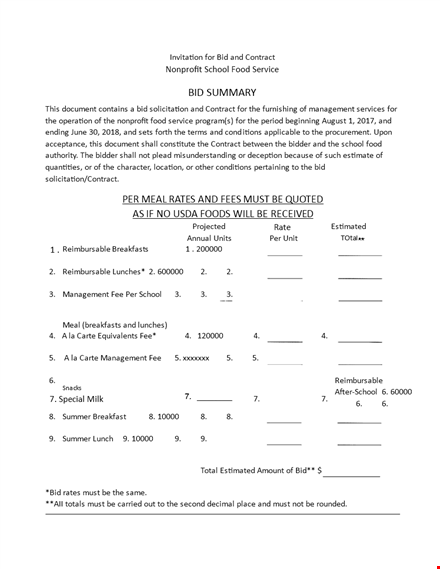 food service bid summary template template