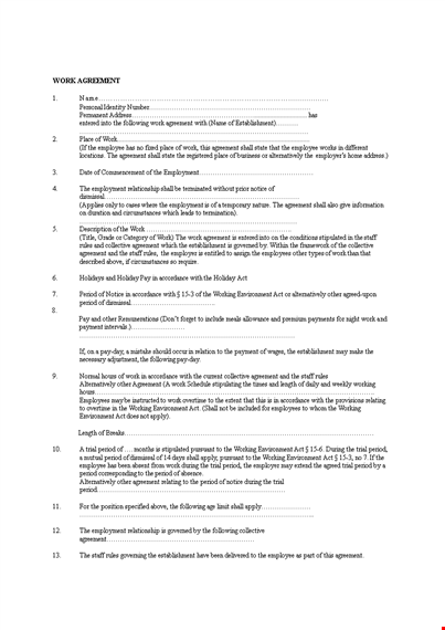 employee work agreement template | define agreements, period, and guidelines template