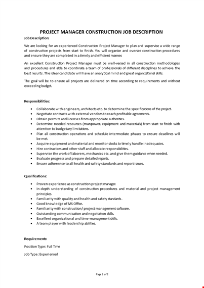 product manager construction job description template