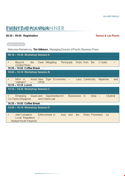 event day planner template - manage risks, sessions, and workshops template