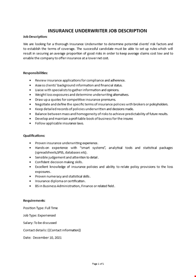 insurance underwriter job description template