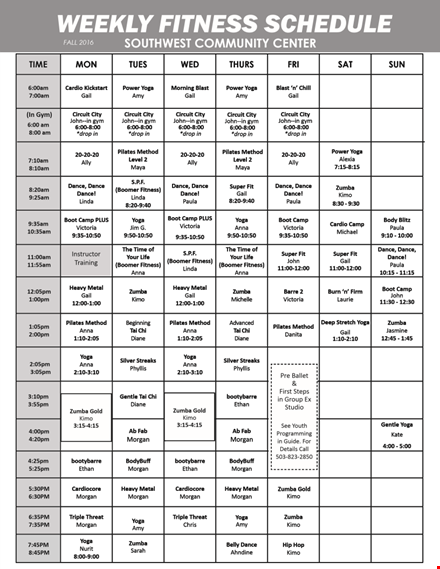 weekly fitness calendar template for training, classes, cardio, and strength template