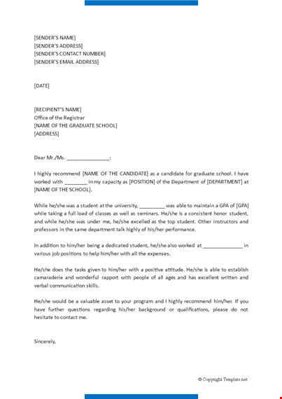 teacher recommendation letter template - school, student, address | sender template