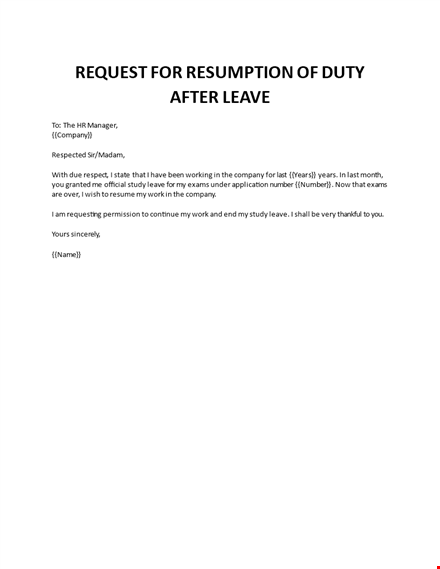 request for resumption of duty after leave template