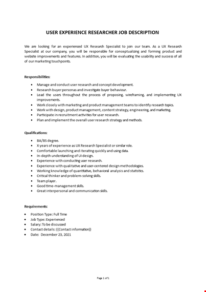 user experience researcher job description template