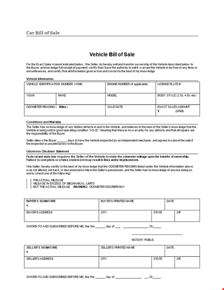 private car bill of sale template template