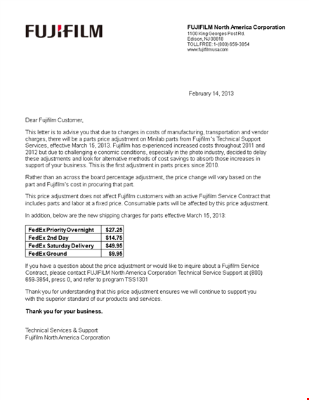 price increase letter and adjustments for fujifilm parts - get support template