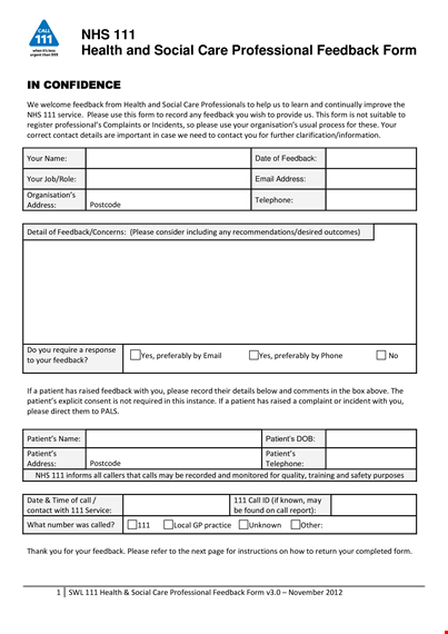 social care professional form - request your patient feedback template